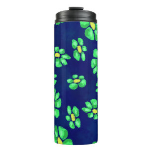 Green Whimsical Flowers Daisies on Blue Background Thermal Tumbler