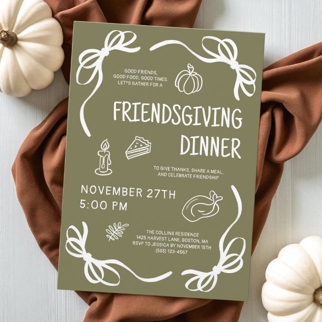 Green Whimsical Hand Drawn Friendsgiving Dinner Invitation (Green Whimsical Hand Drawn Friendsgiving Dinner Invitation)