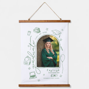 Green Whimsical Hand Drawn Photo Graduation  Hanging Tapestry