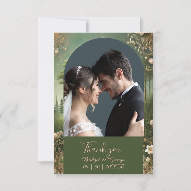 green Whimsical Mediaeval Forest photo & Wedding  Thank You Card (Front)