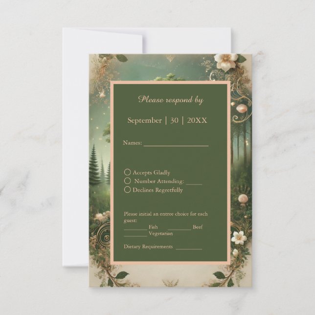 green Whimsical Mediaeval Forest Wedding  RSVP Card (Front)