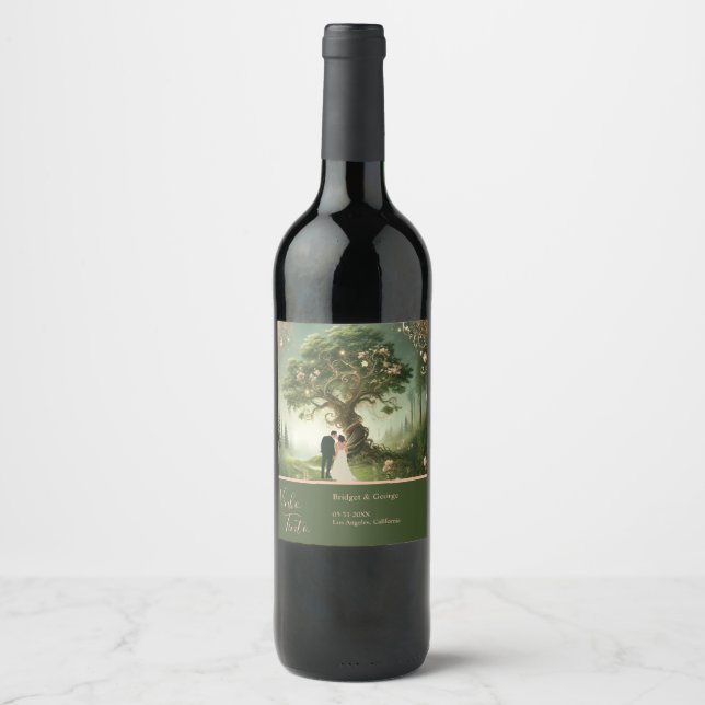 green Whimsical Mediaeval Forest Wedding Wine Label (Front)