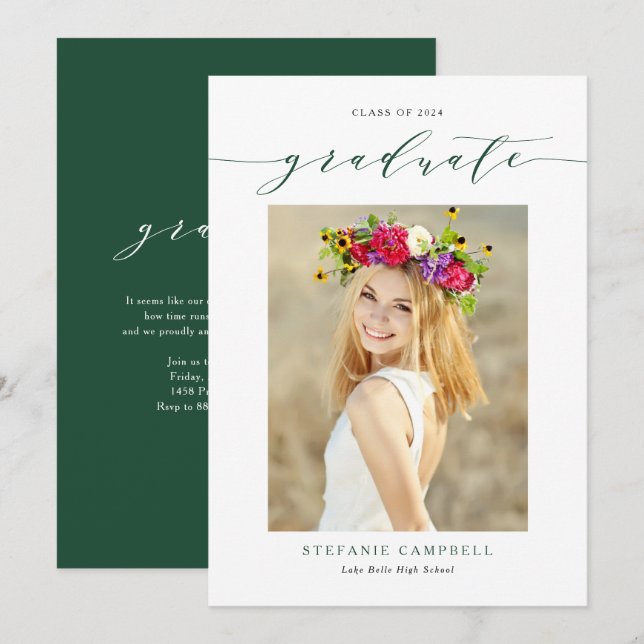 Green Whimsical Script 2023 Photo Graduation Invitation (Front/Back)