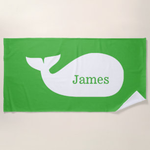 Green Whimsical Whale Personalised Children's Beach Towel