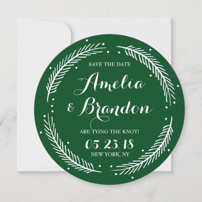 Green Whimsical Winter Wreath Save the Date Card (Front)