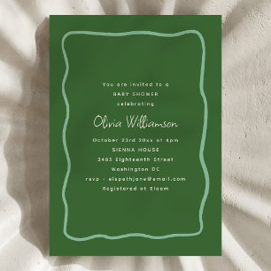 Green Whimsy Wavy Border Modern Script Baby Shower Invitation