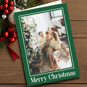 Green White 2 photo Family Merry Christmas Script Holiday Card