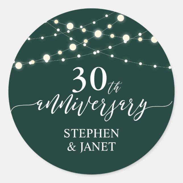 Green & White 30th Wedding Anniversay Celebration Classic Round Sticker (Front)