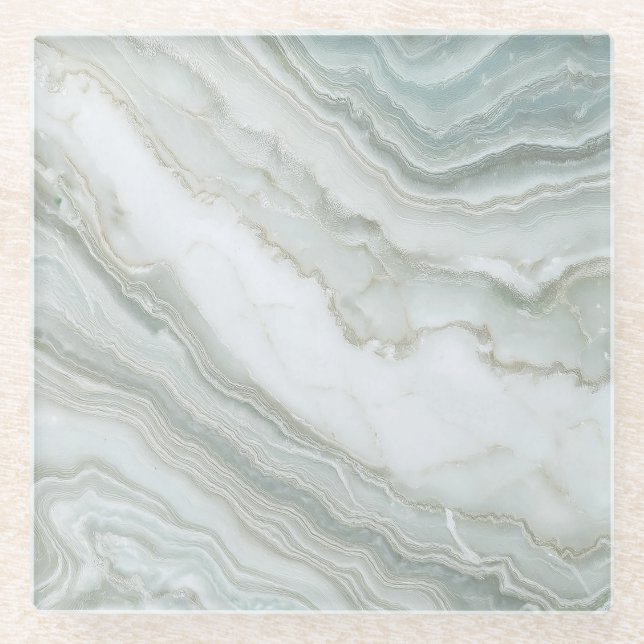 Green White Abstract Marble  Glass Coaster (Front)