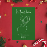 Green white abstract reindeer modern Christmas Holiday Card<br><div class="desc">Green background,  and a white abstract one line reindeer.  Personalise and add a name and year. Text: Merry Christmas. 

Back: add your note and your names.</div>