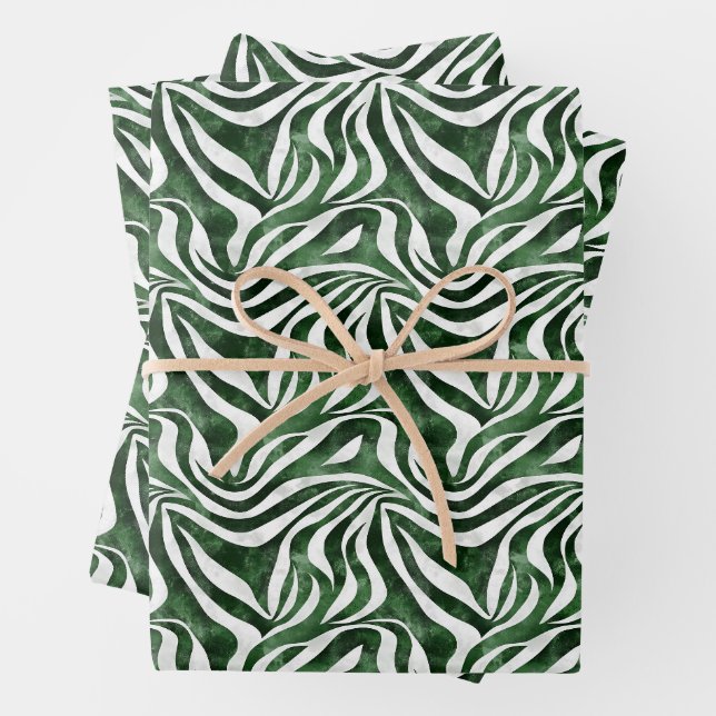 Green & White Abstract Stripes Wrapping Paper Sheet (In situ)