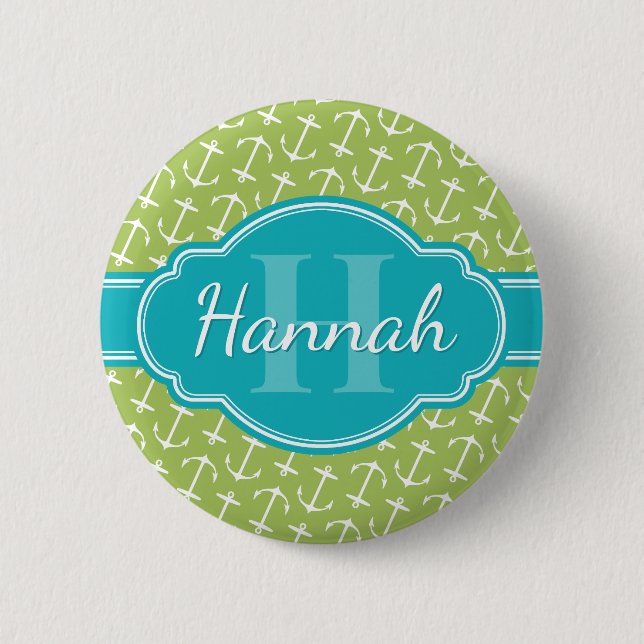Green White Anchor Pattern Teal Monogram 6 Cm Round Badge (Front)