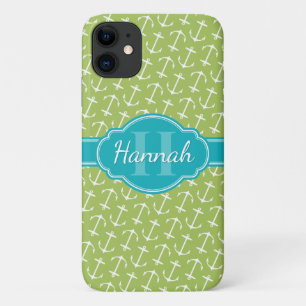 Green White Anchor Pattern Teal Monogram iPhone 11 Case