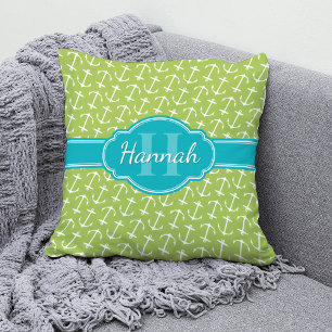 Green White Anchor Pattern Teal Monogram Cushion
