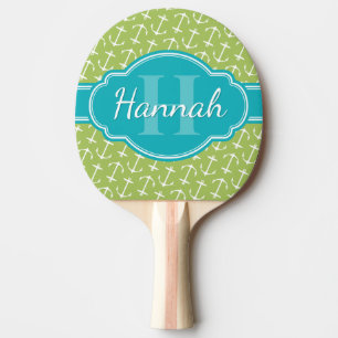 Green White Anchor Pattern Teal Monogram Ping Pong Paddle
