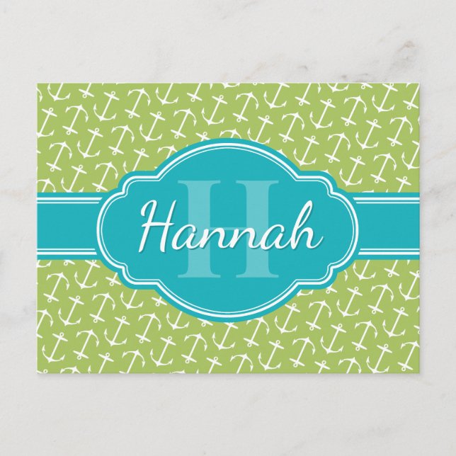 Green White Anchor Pattern Teal Monogram Postcard (Front)