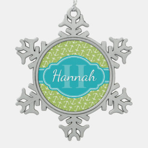 Green White Anchor Pattern Teal Monogram Snowflake Pewter Christmas Ornament
