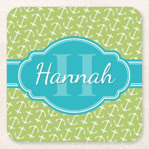 Green White Anchor Pattern Teal Monogram Square Paper Coaster