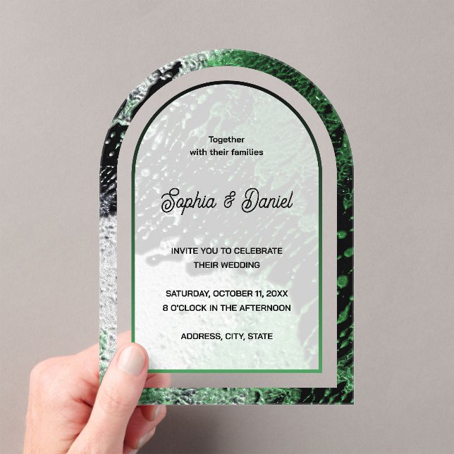 green white and black abstract fractal art wedding acrylic invitations (Insitu (Handheld))