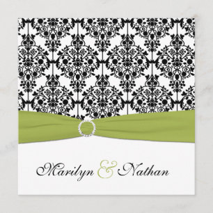 Green, White and Black Damask III Wedding Invite