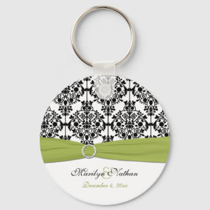 Green, White and Black Damask Keychain