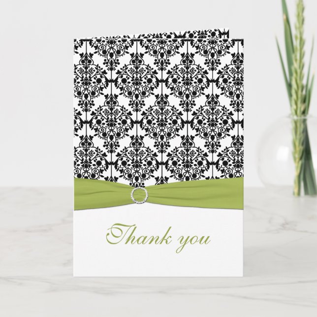 Green, White and Black Damask Thank You Card (Front)