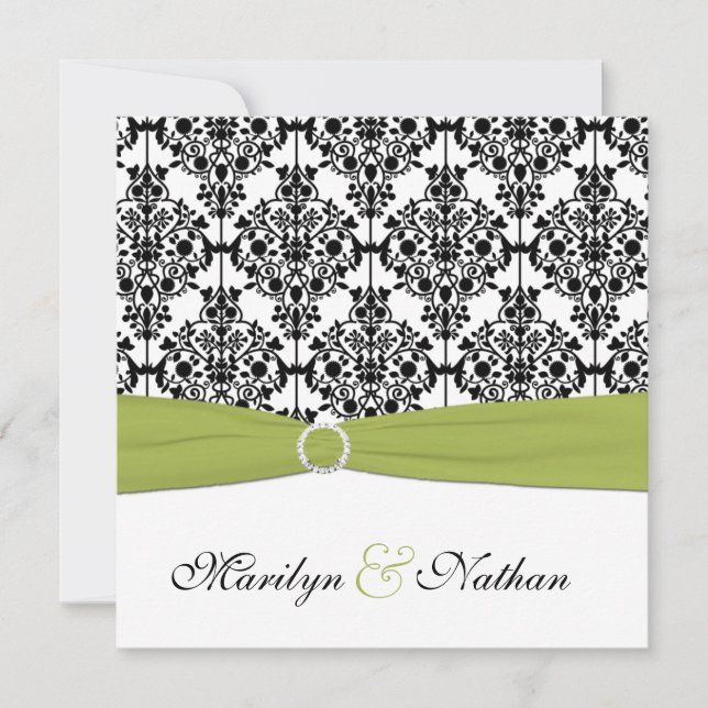 Green, White and Black Damask Wedding Invitation (Front)