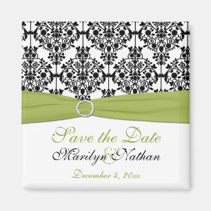 Green, White, and Black Damask Wedding Magnet