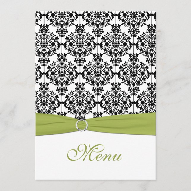 Green, White, and Black Damask Wedding Menu Card (Front)