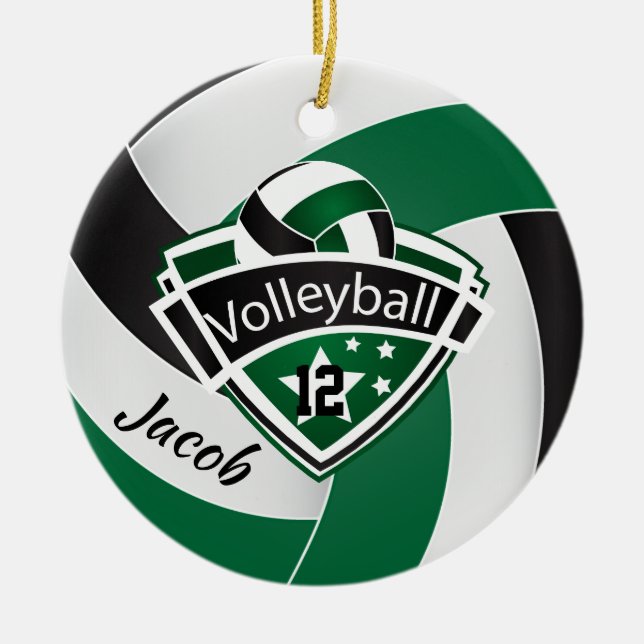 Green, White and Black Volleyball Ceramic Tree Decoration (Front)