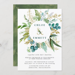 Green White and Gold Botanical Wedding Invitation