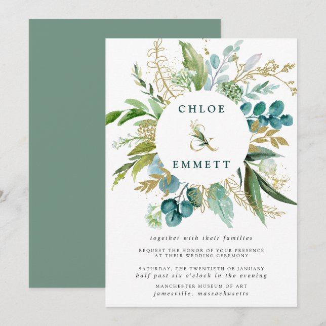 Green White and Gold Botanical Wedding Invitation (Front/Back)