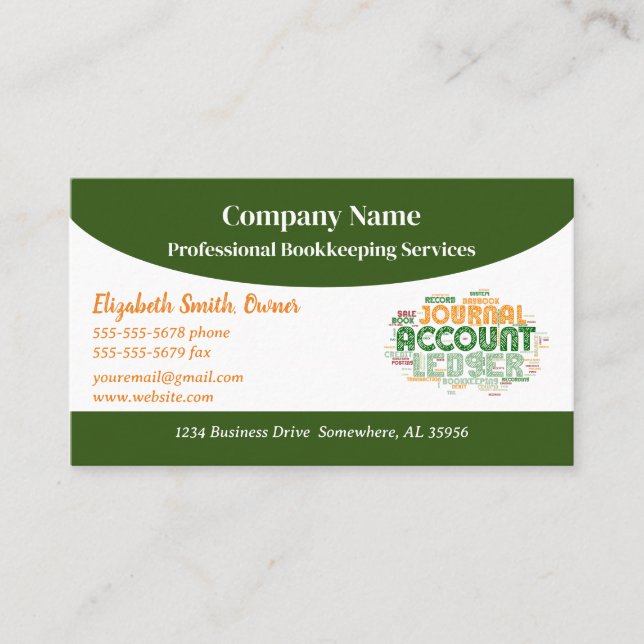 Green, White and Orange Bookkeeping Business Card (Front)