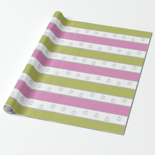 Green, white and pink stripe with ornaments wrapping paper