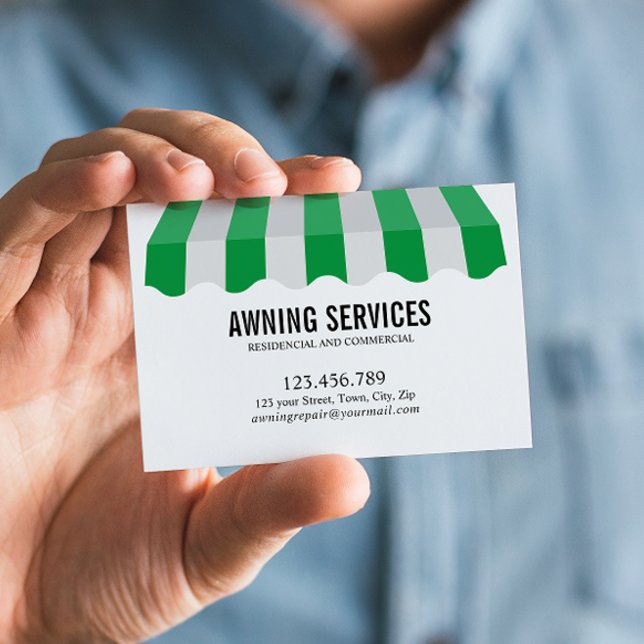 Green White Awning Services Cleaning Professional Business Card (Stylish Green and White Striped Awning Business Card: Name in Clean Sans Serif Font")