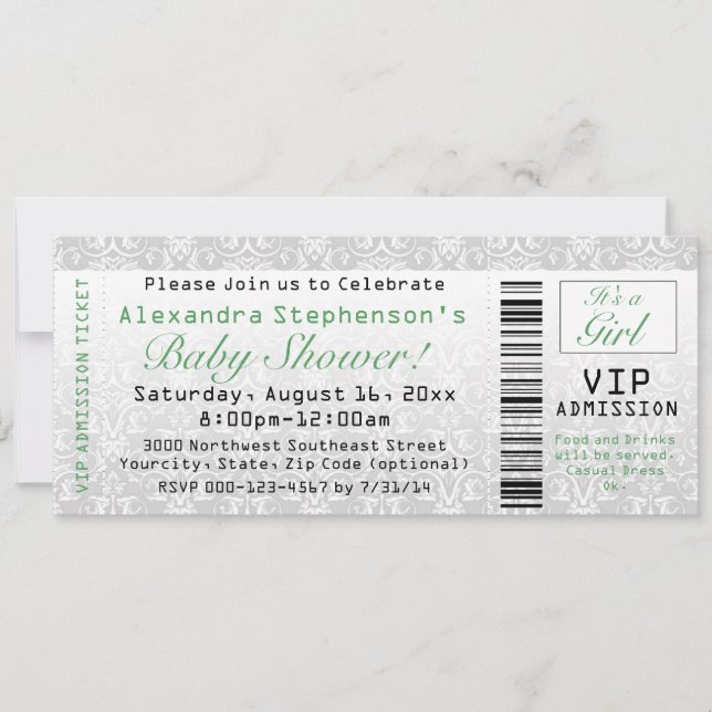 Green/White Baby Shower Ticket Invitations (Front)