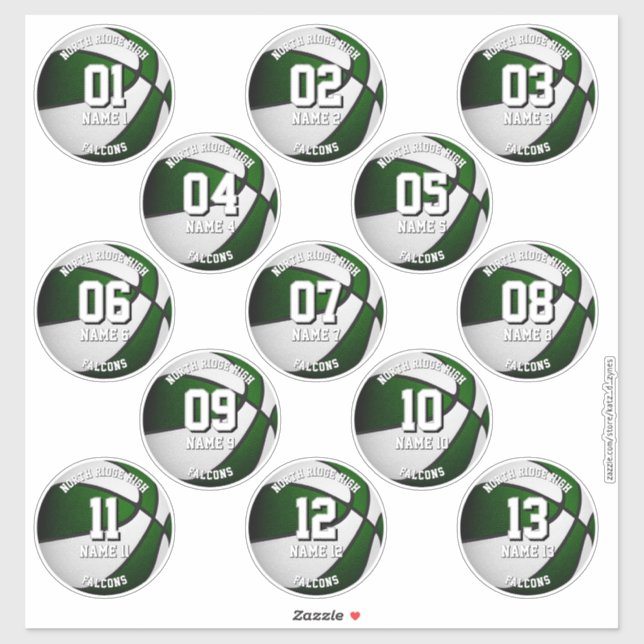 green white basketball stickers for 13 athletes (Sheet)