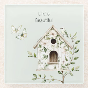 Green White Bird House Leaves Flowers Butterflies Glass Coaster