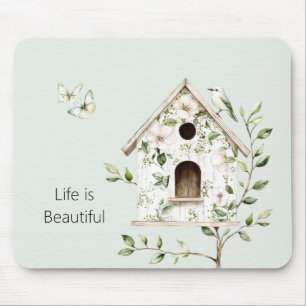 Green White Bird House Leaves Flowers Butterflies Mouse Mat