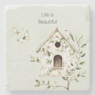 Green White Bird House Leaves Flowers Butterflies Stone Coaster