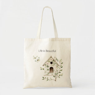 Green White Bird House Leaves Flowers Butterflies Tote Bag