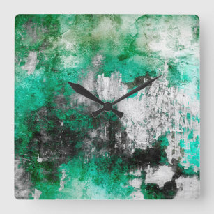 Green, White & Black Abstract Art Square Wall Clock
