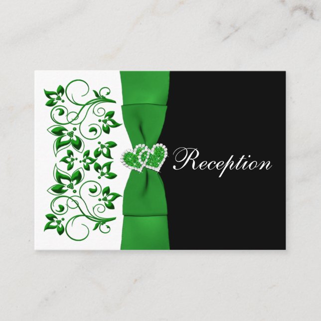 Green, White, Black Floral Wedding Reception Card (Front)