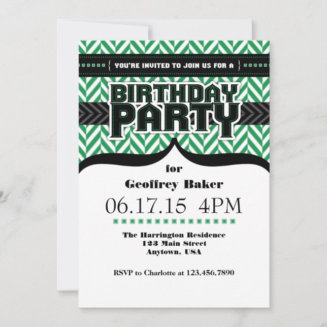 Green White Black Herringbone Birthday Invite (Front)