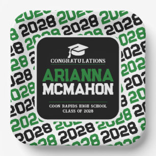 Green, White & Black Personalised Graduation Pape Paper Plate