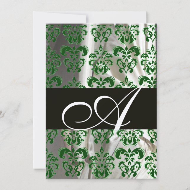 GREEN WHITE BLACK SILK DAMASK MONOGRAM SILVER INVITATION (Front)