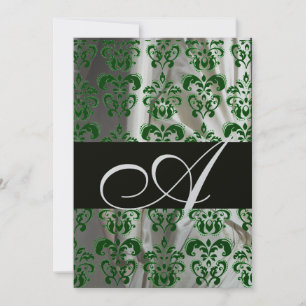 GREEN WHITE BLACK SILK DAMASK MONOGRAM SILVER INVITATION