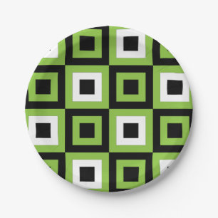 Green White Black Squares Geometric Party Paper Plate