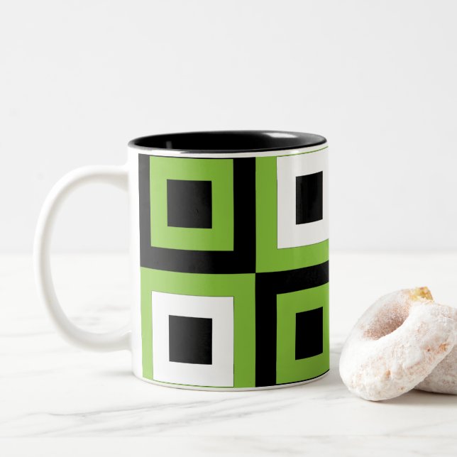 Green White Black Squares Geometric  Two-Tone Coffee Mug (With Donut)