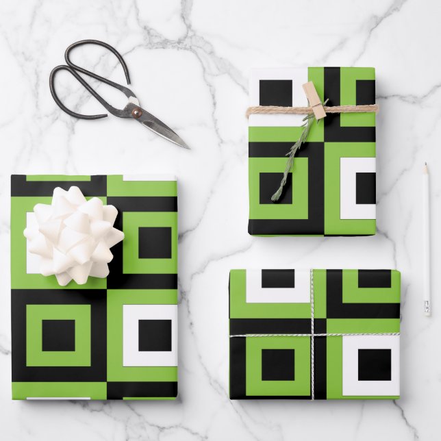 Green White Black Squares Geometric  Wrapping Paper Sheet (Front)